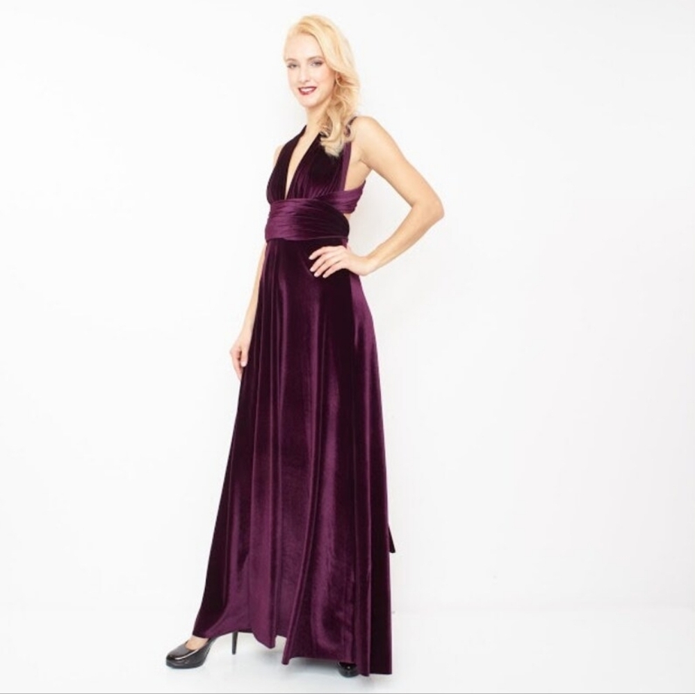 (Fits 6-12 best) Von Ronen(?) Velour Transformer Convertible Gown Raw Hem Purple